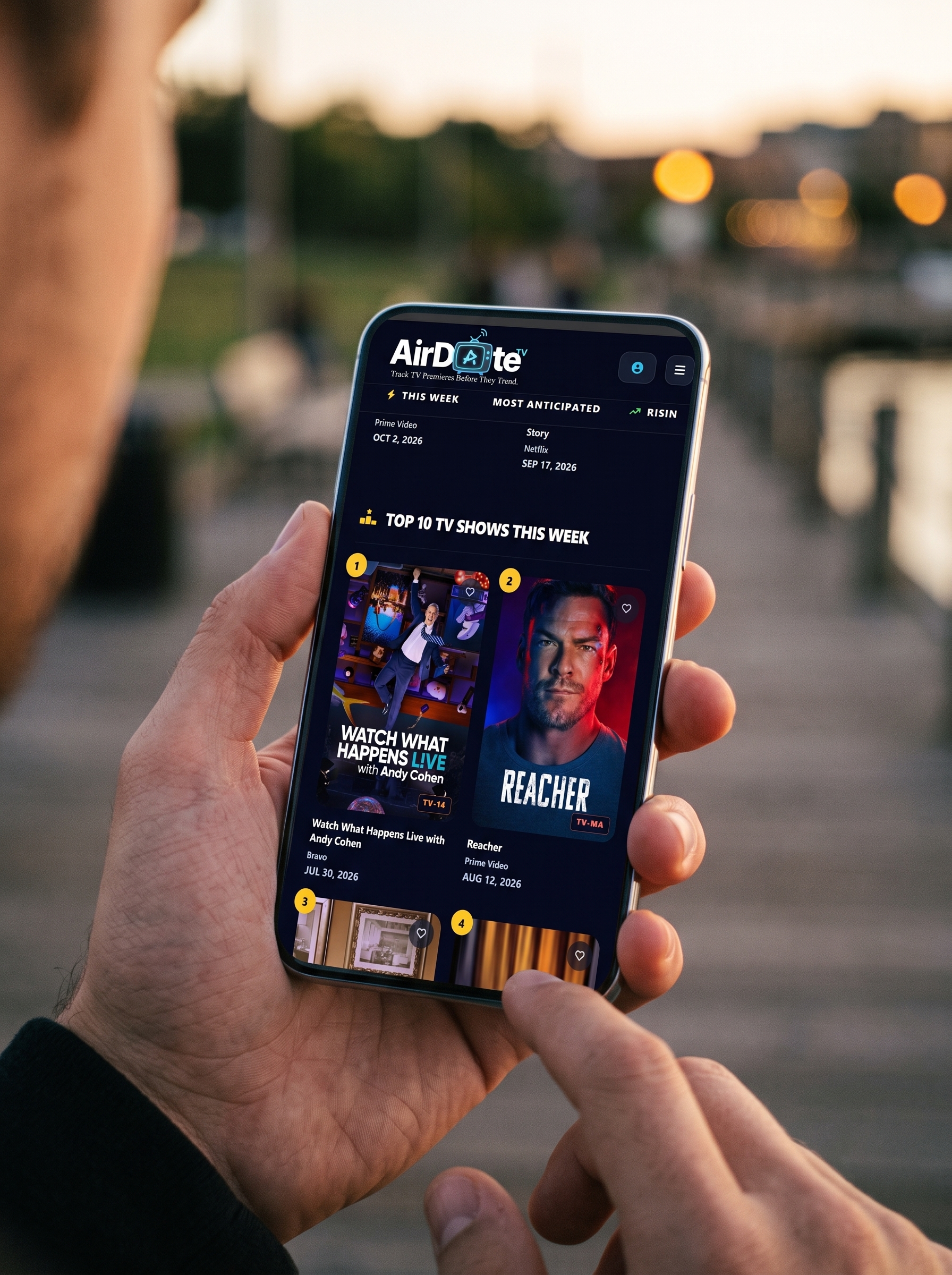 AirDate.tv on a phone, showing the top 10 TV shows this week